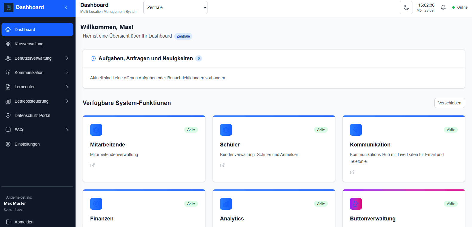 EOD Dashboard – Übersicht der Systemfunktionen